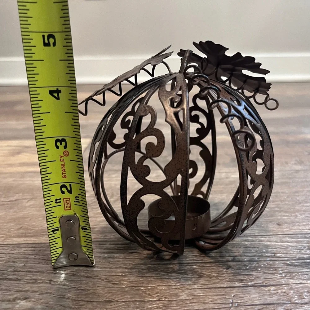 Rustic Bronze Metal Pumpkin Tea Light Candle Holder Fall Autumn Decor Scrollwork